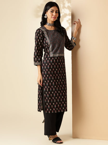 Black Block Printed Straight Cotton Kurta