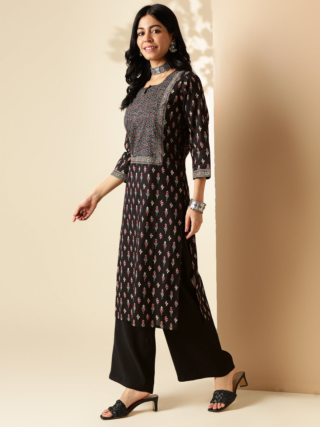 Black Block Printed Straight Cotton Kurta