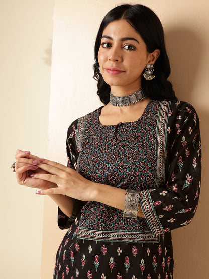 Black Block Printed Straight Cotton Kurta