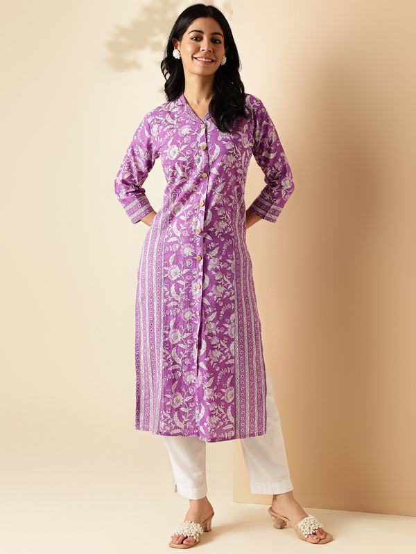 Lavender Floral Print Straight Cotton Kurta