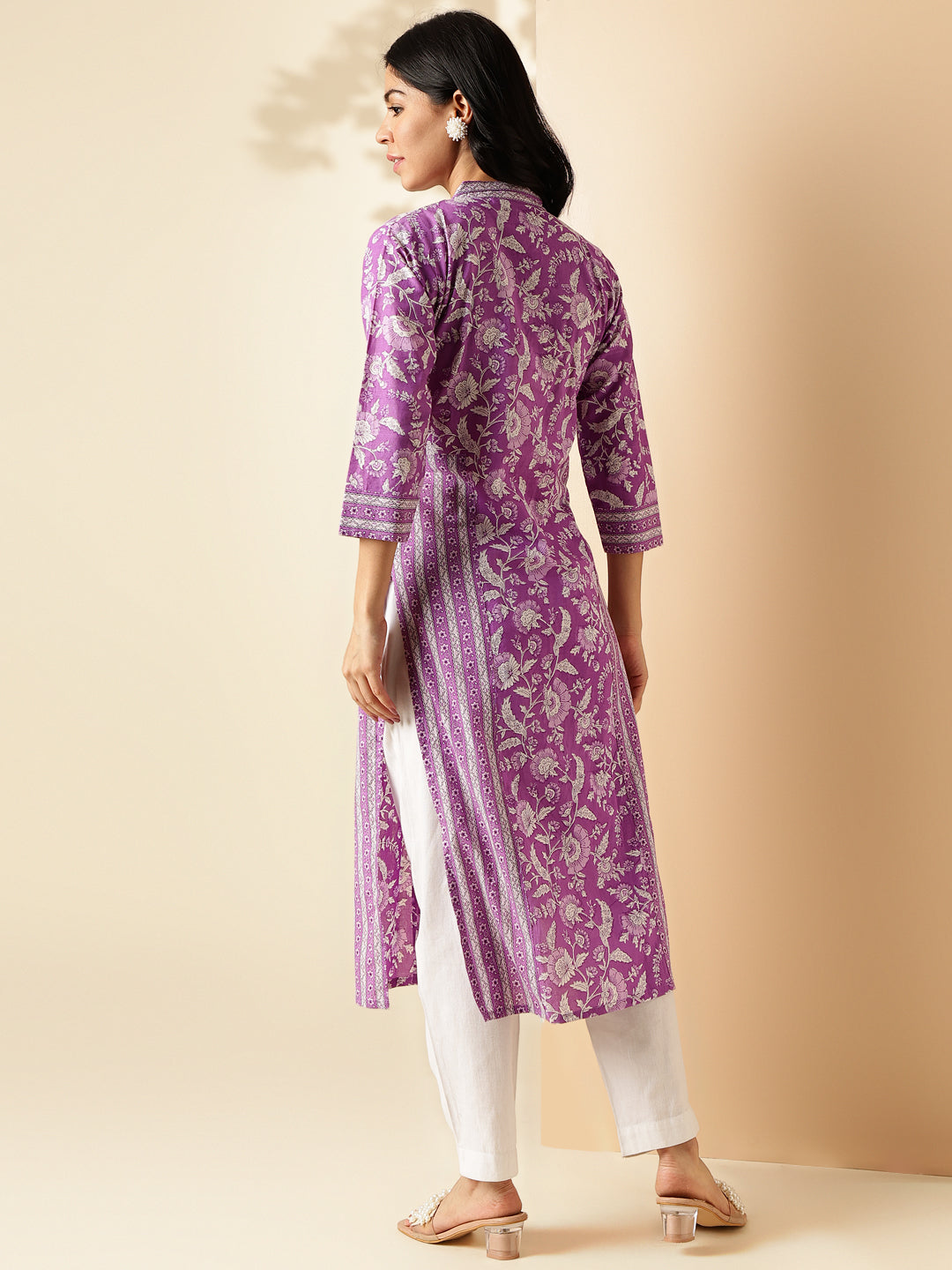 Lavender Floral Print Straight Cotton Kurta