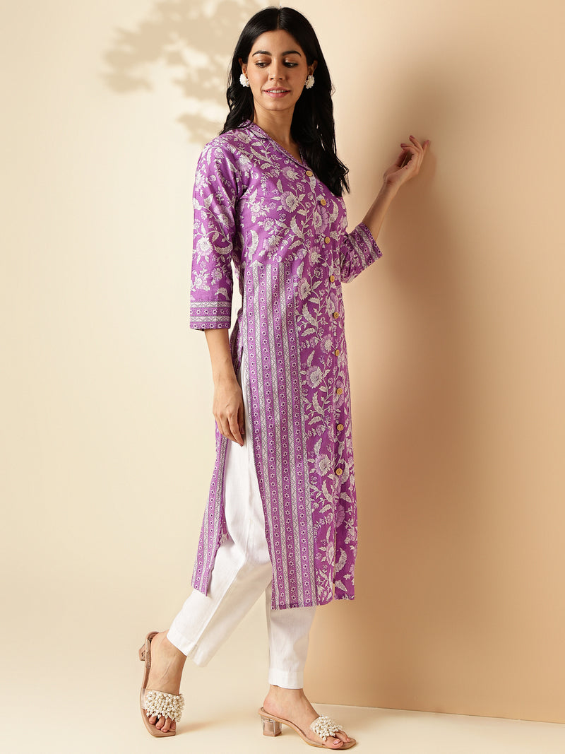 Lavender Floral Print Straight Cotton Kurta