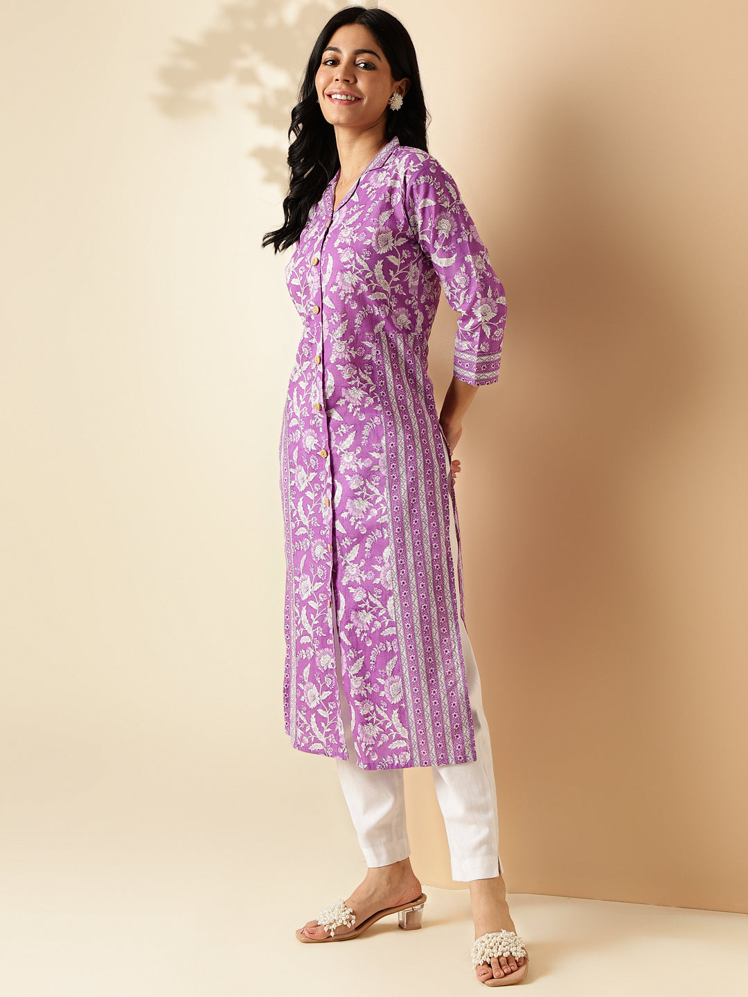 Lavender Floral Print Straight Cotton Kurta