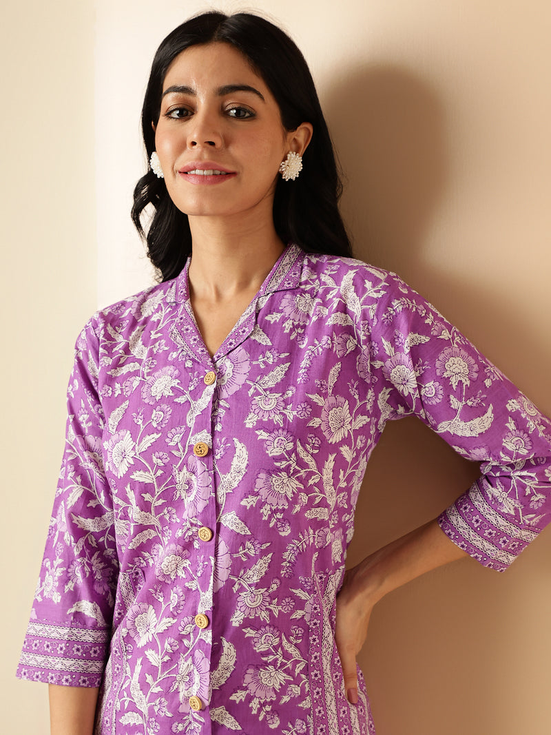 Lavender Floral Print Straight Cotton Kurta