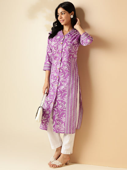 Lavender Floral Print Straight Cotton Kurta