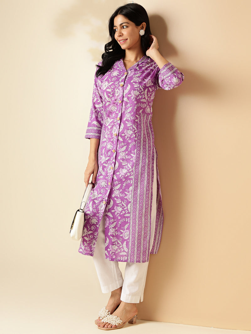 Lavender Floral Print Straight Cotton Kurta