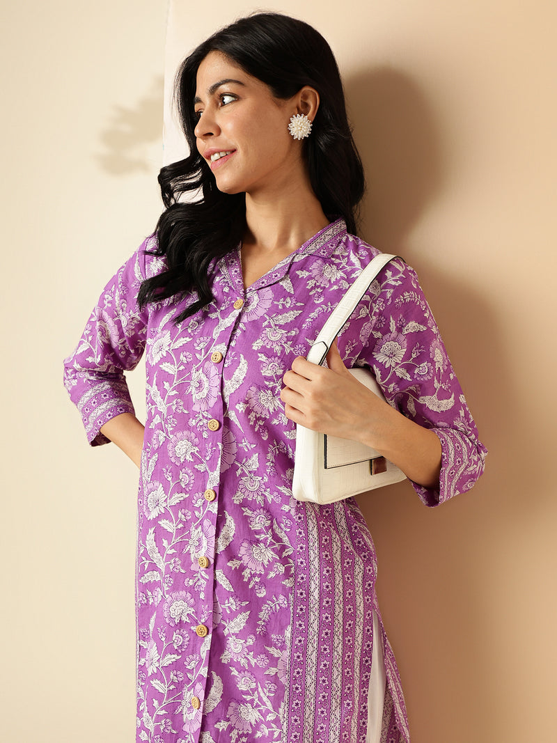 Lavender Floral Print Straight Cotton Kurta