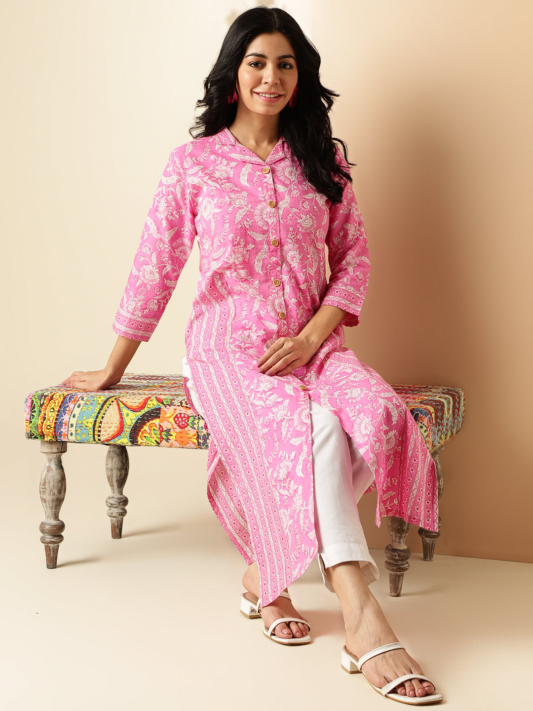 Pink Floral Print Straight Cotton Kurta