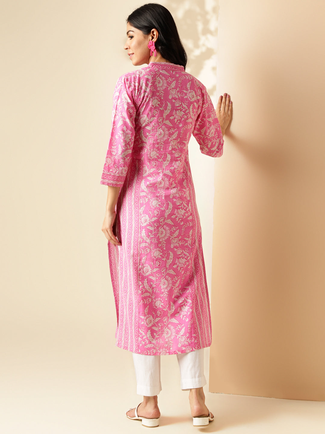 Pink Floral Print Straight Cotton Kurta