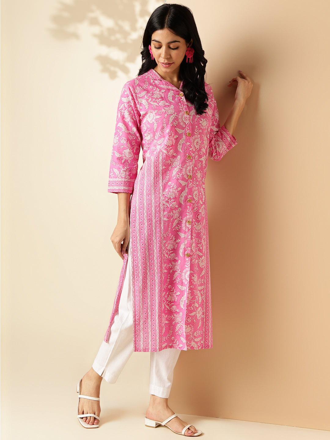 Pink Floral Print Straight Cotton Kurta