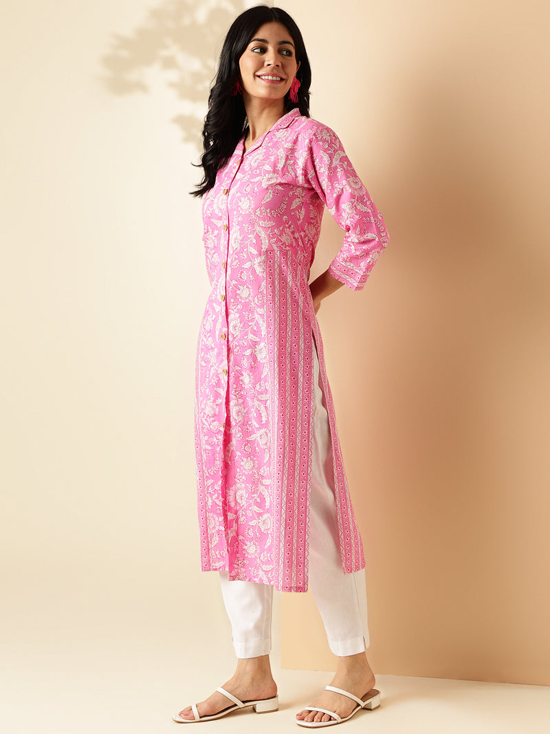 Pink Floral Print Straight Cotton Kurta