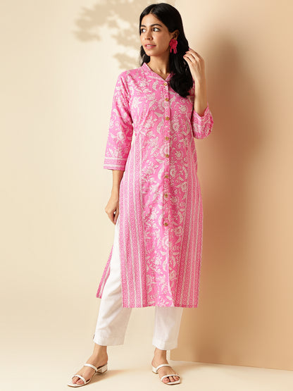 Pink Floral Print Straight Cotton Kurta