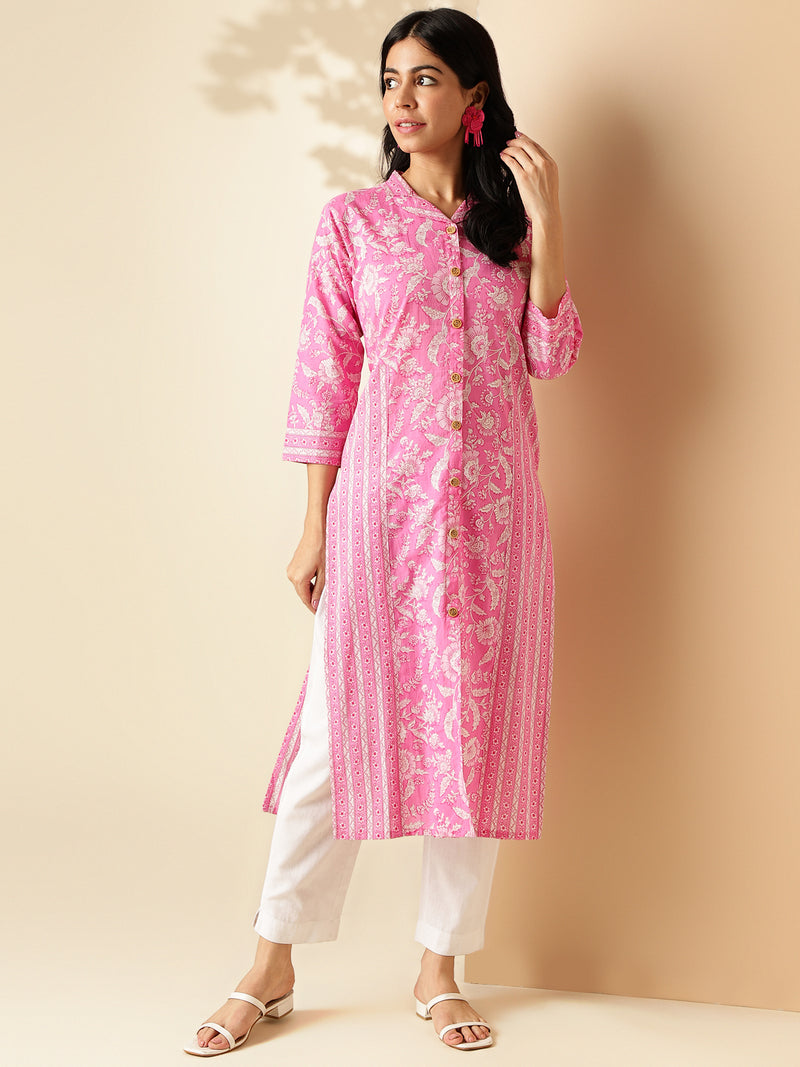 Pink Floral Print Straight Cotton Kurta