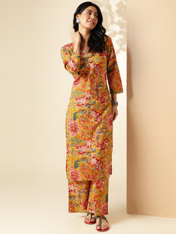 Mustard Floral Print Straight Cotton Kurta With Palazzo