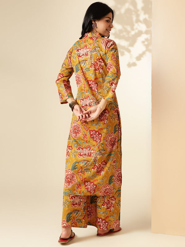 Mustard Floral Print Straight Cotton Kurta With Palazzo