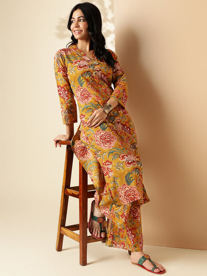 Mustard Floral Print Straight Cotton Kurta With Palazzo