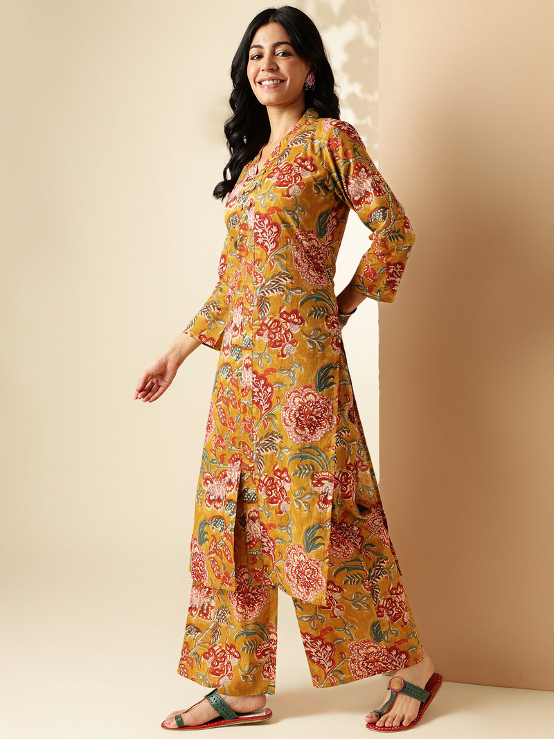 Mustard Floral Print Straight Cotton Kurta With Palazzo