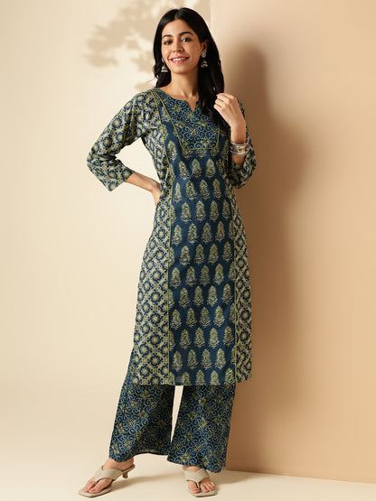 Aqua Blue Geometric Print With Lace Straight Cotton Kurta With Palazzo