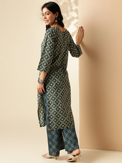 Aqua Blue Geometric Print With Lace Straight Cotton Kurta With Palazzo