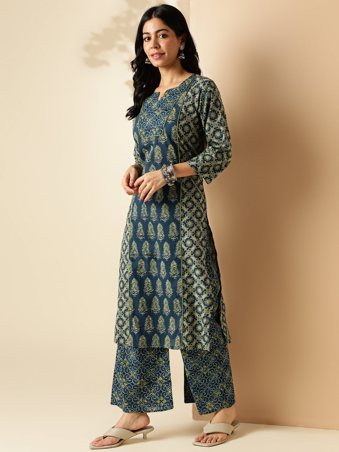 Aqua Blue Geometric Print With Lace Straight Cotton Kurta With Palazzo