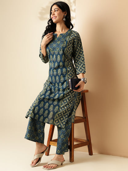 Aqua Blue Geometric Print With Lace Straight Cotton Kurta With Palazzo