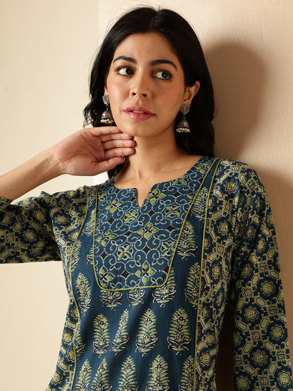 Aqua Blue Geometric Print With Lace Straight Cotton Kurta With Palazzo