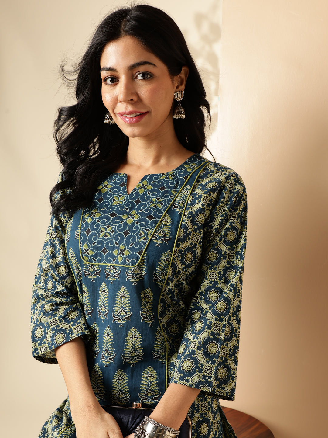 Aqua Blue Geometric Print With Lace Straight Cotton Kurta With Palazzo