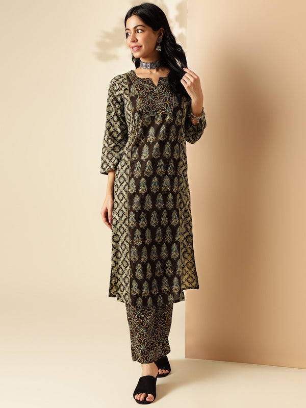 Brown Geometric Print With Lace Straight Cotton Kurta With Palazzo