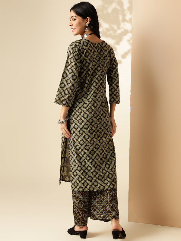 Brown Geometric Print With Lace Straight Cotton Kurta With Palazzo