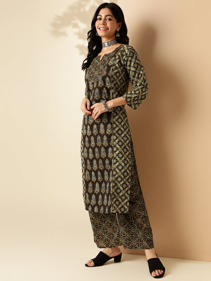 Brown Geometric Print With Lace Straight Cotton Kurta With Palazzo