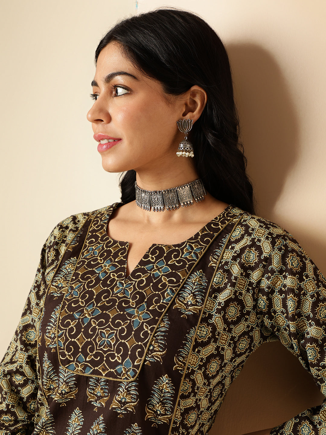 Brown Geometric Print With Lace Straight Cotton Kurta With Palazzo