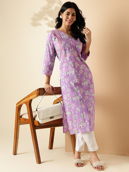 Lavender Floral Print With Lace Work Straight Cotton Kurta