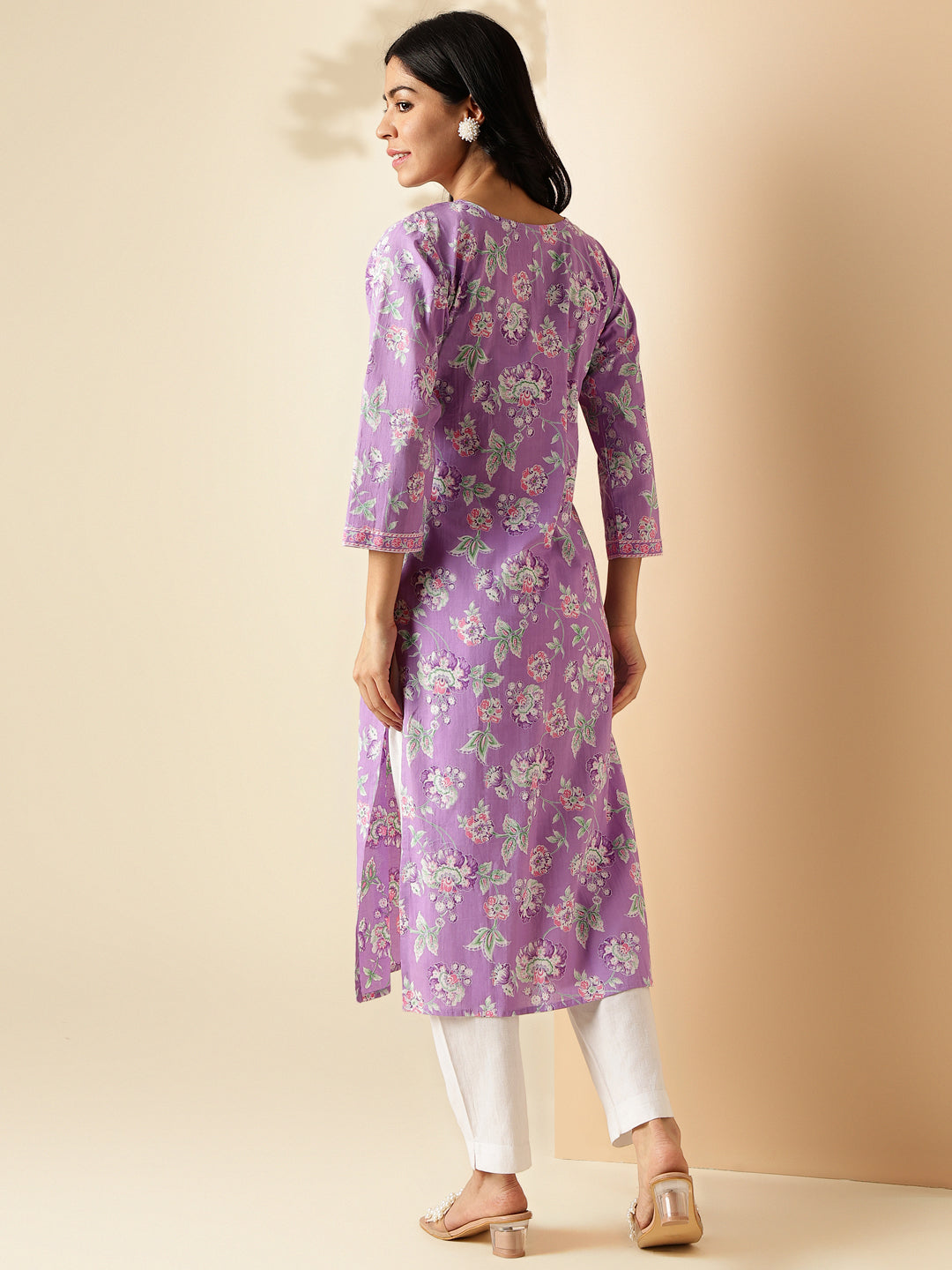 Lavender Floral Print With Lace Work Straight Cotton Kurta