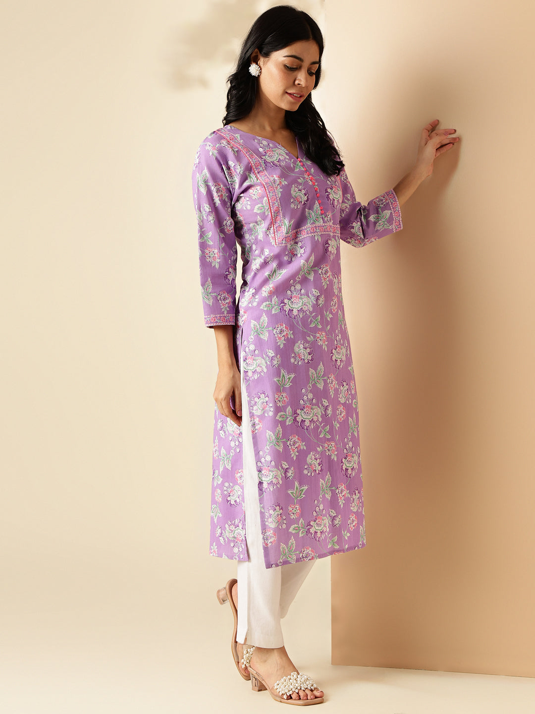 Lavender Floral Print With Lace Work Straight Cotton Kurta