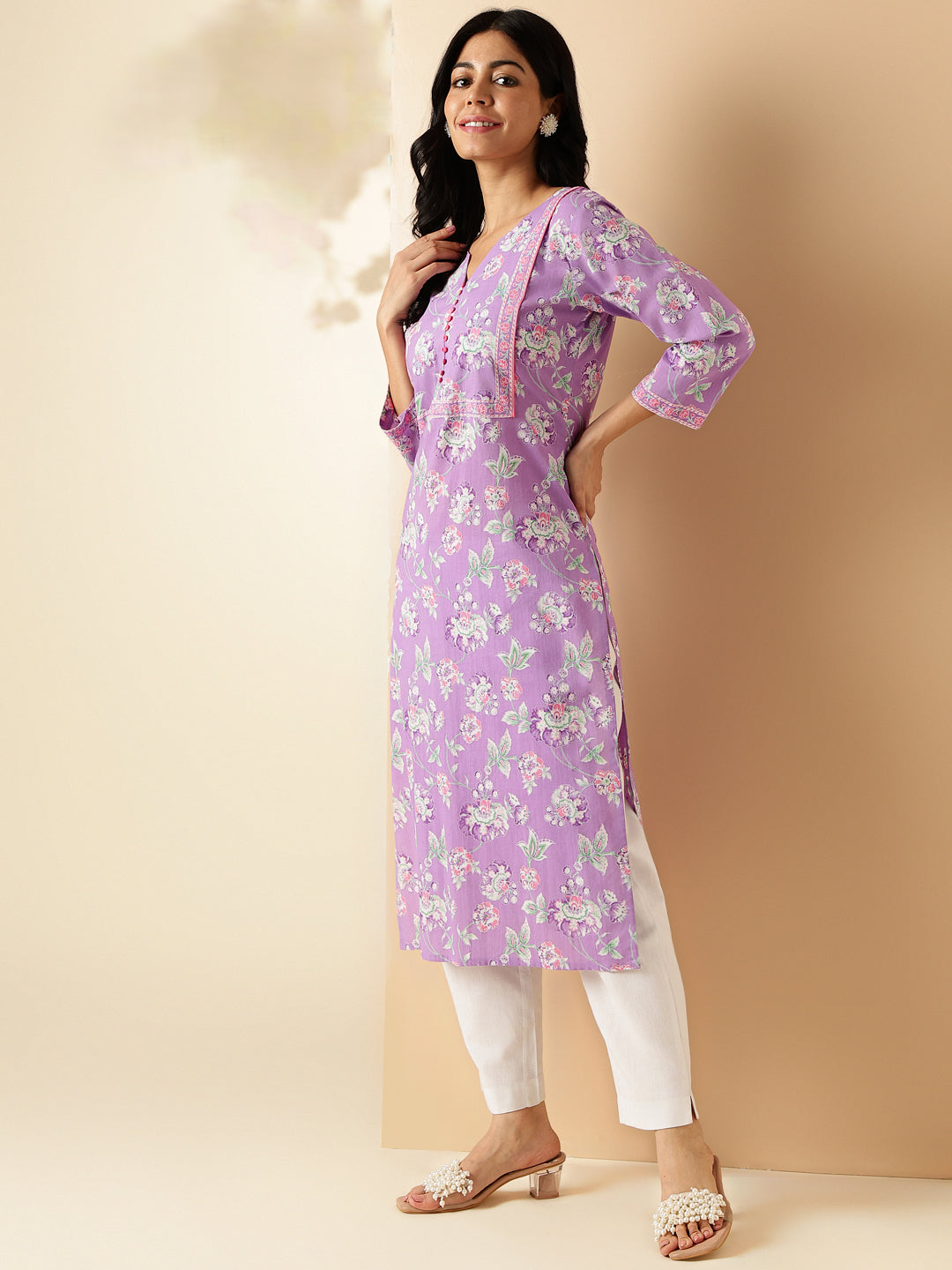 Lavender Floral Print With Lace Work Straight Cotton Kurta