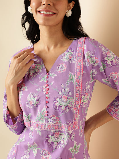 Lavender Floral Print With Lace Work Straight Cotton Kurta