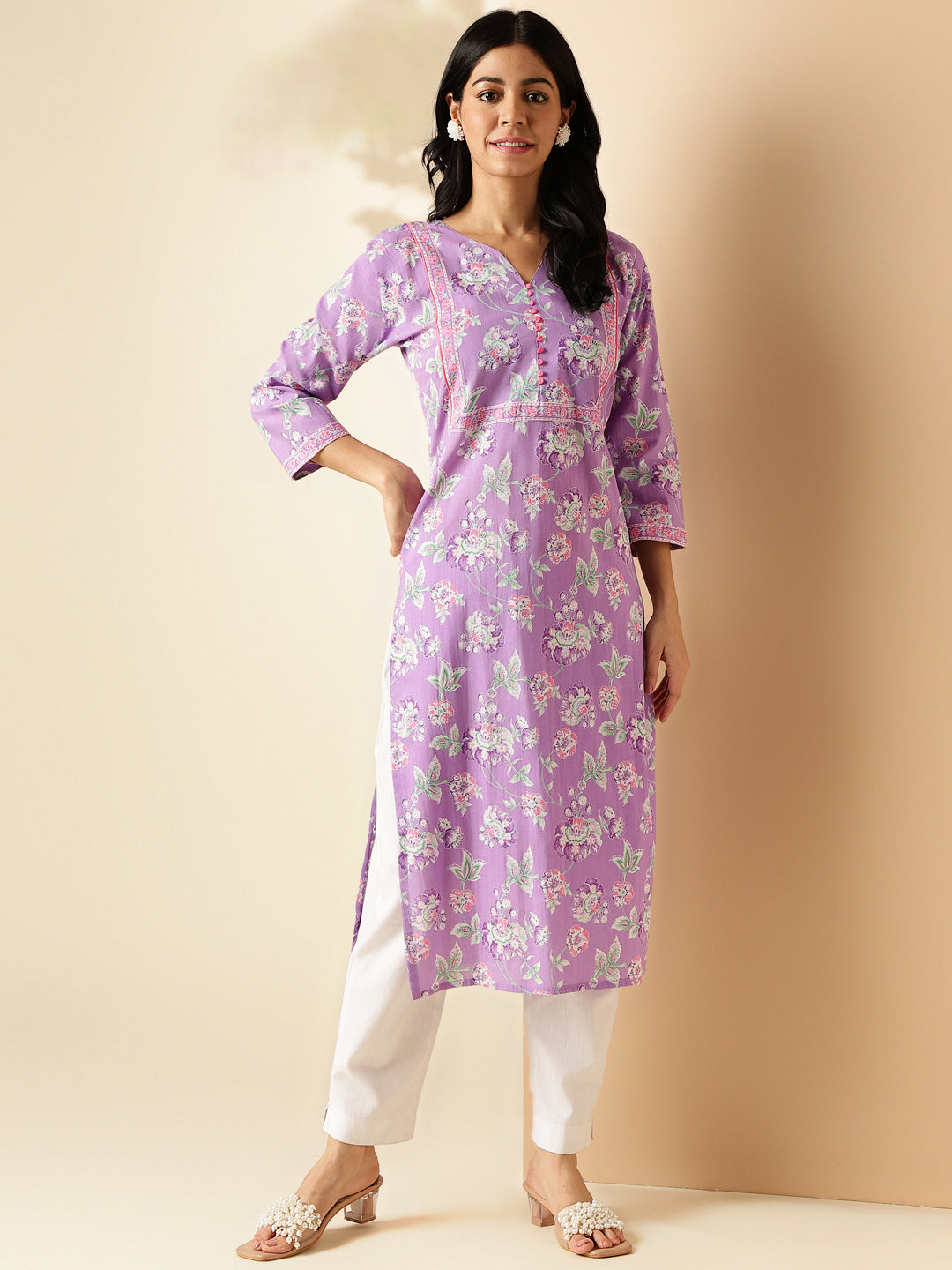 Lavender Floral Print With Lace Work Straight Cotton Kurta