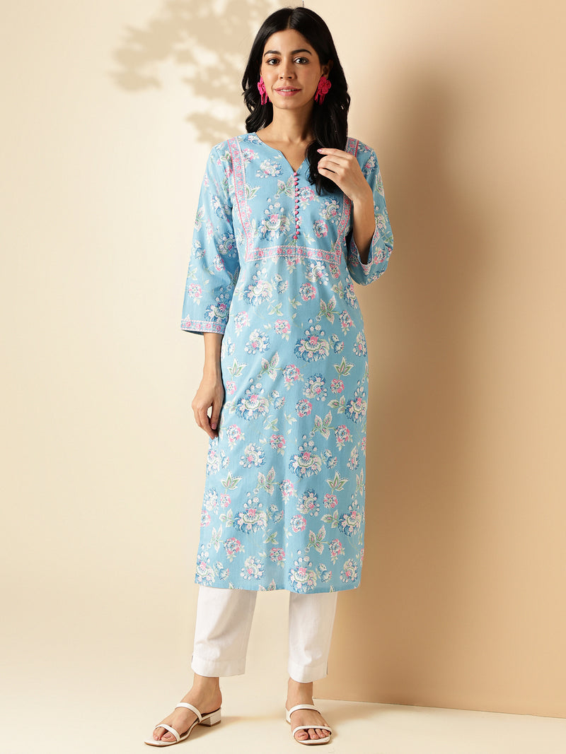 Sky Blue Floral Print With Lace Work Straight Cotton Kurta