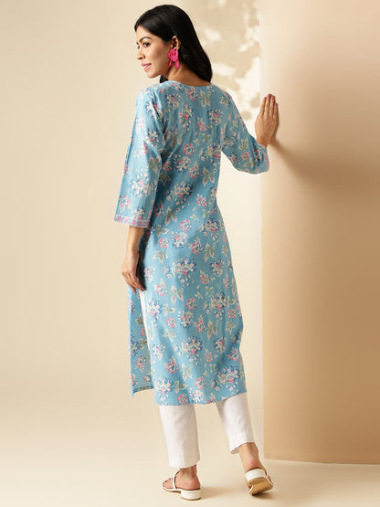 Sky Blue Floral Print With Lace Work Straight Cotton Kurta