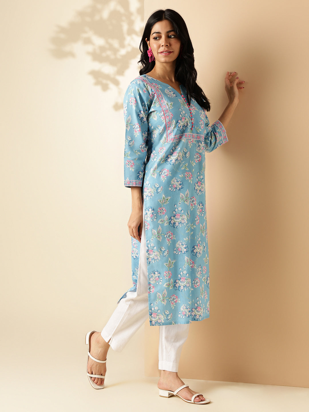 Sky Blue Floral Print With Lace Work Straight Cotton Kurta