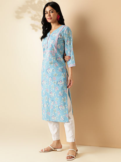 Sky Blue Floral Print With Lace Work Straight Cotton Kurta