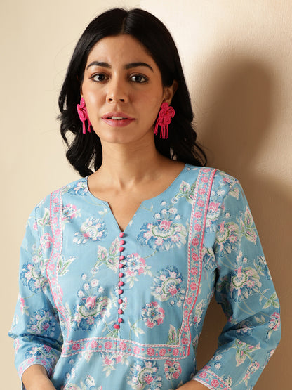 Sky Blue Floral Print With Lace Work Straight Cotton Kurta