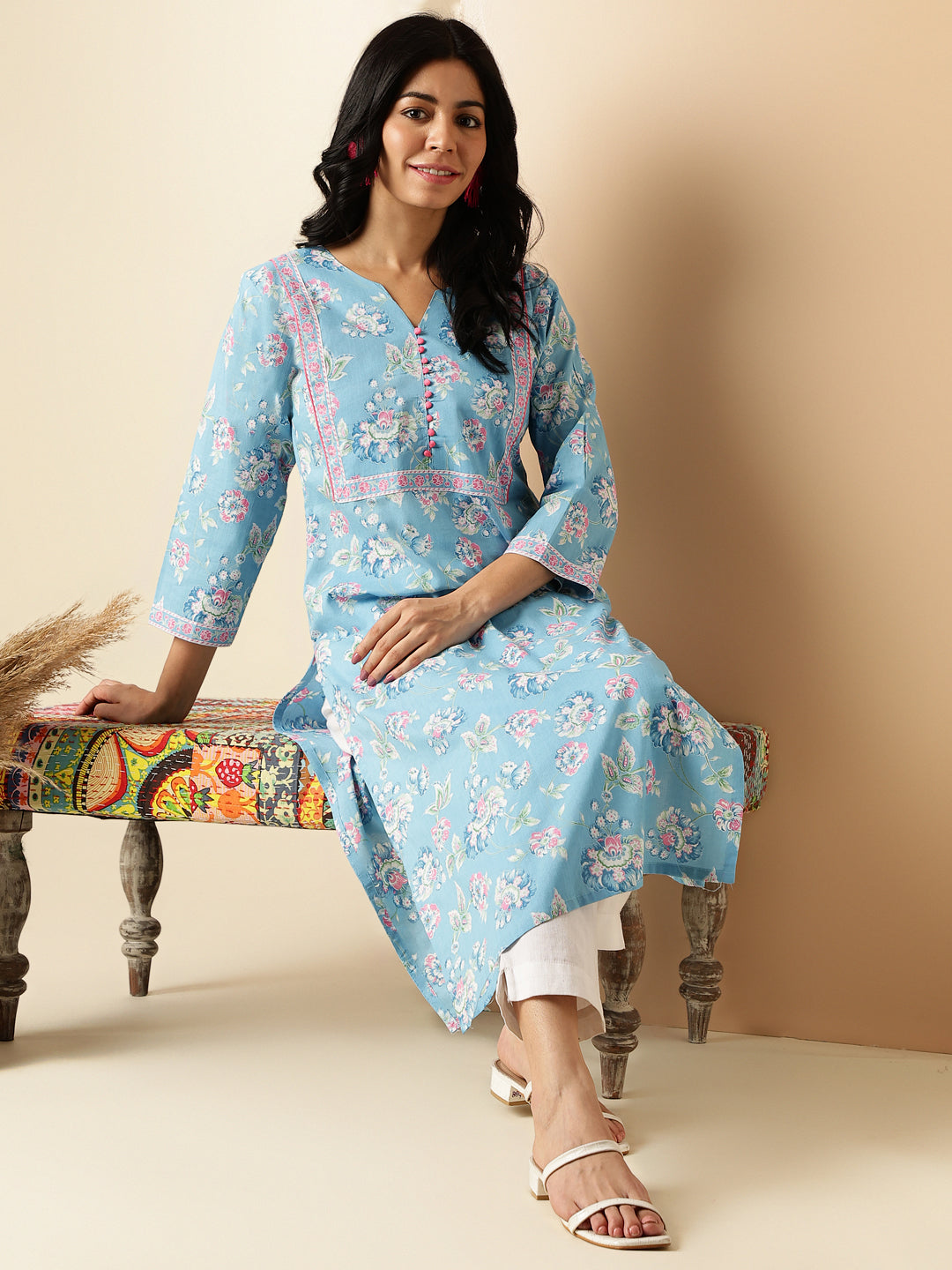 Sky Blue Floral Print With Lace Work Straight Cotton Kurta