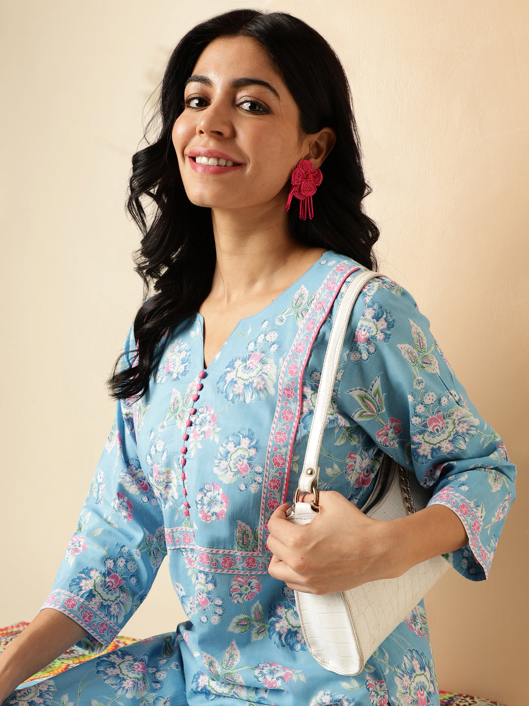 Sky Blue Floral Print With Lace Work Straight Cotton Kurta