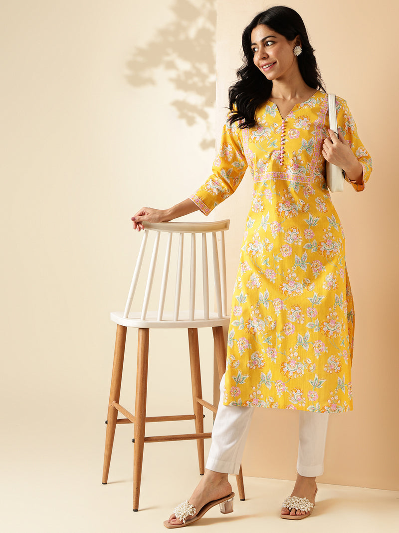 Yellow Floral Print With Lace Work Straight Cotton Kurta