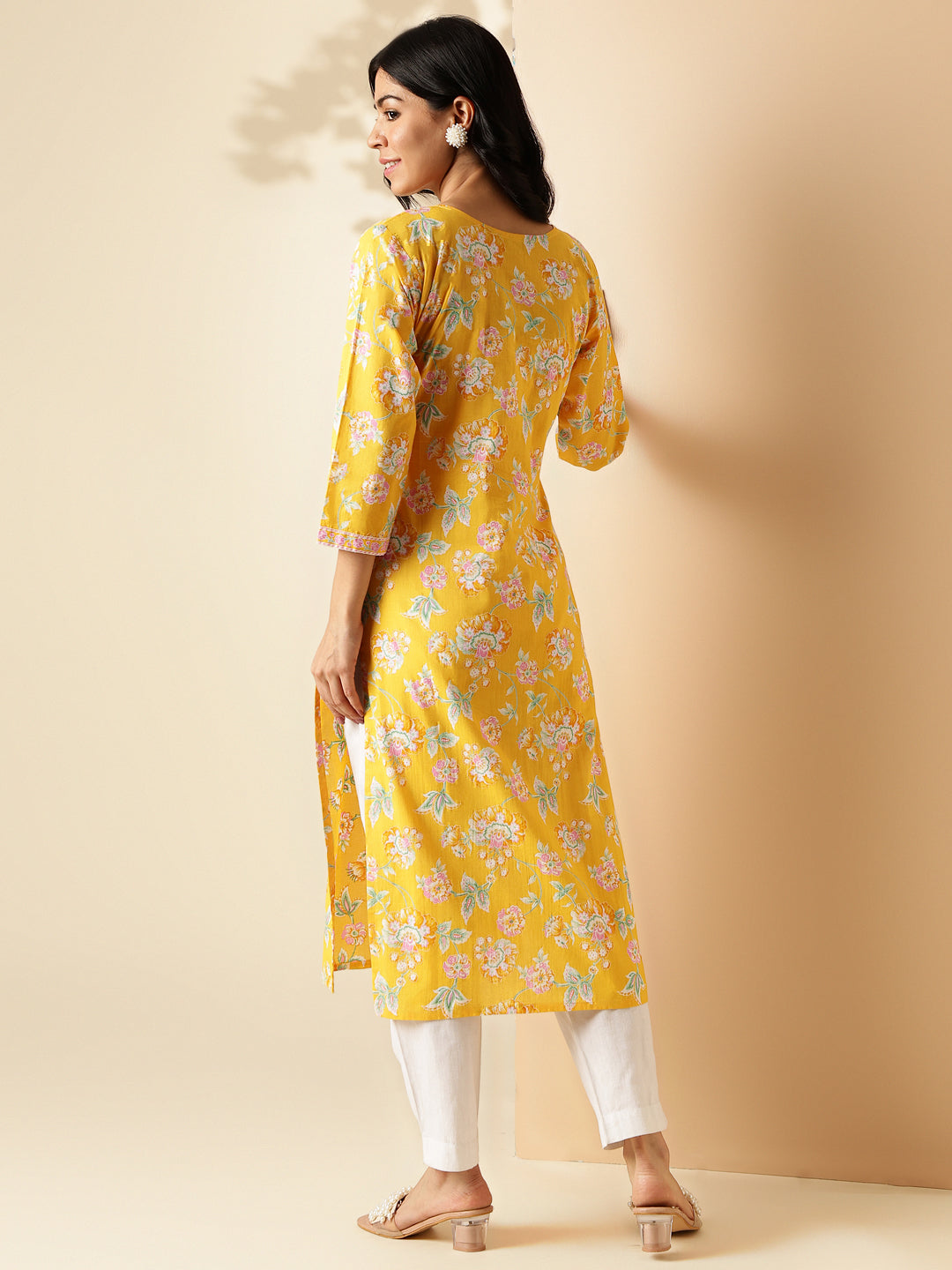 Yellow Floral Print With Lace Work Straight Cotton Kurta