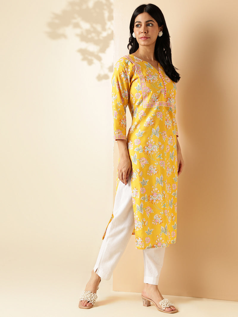 Yellow Floral Print With Lace Work Straight Cotton Kurta