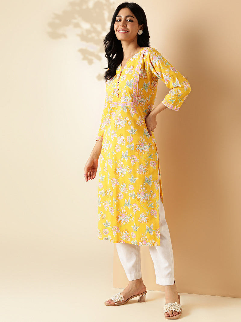 Yellow Floral Print With Lace Work Straight Cotton Kurta