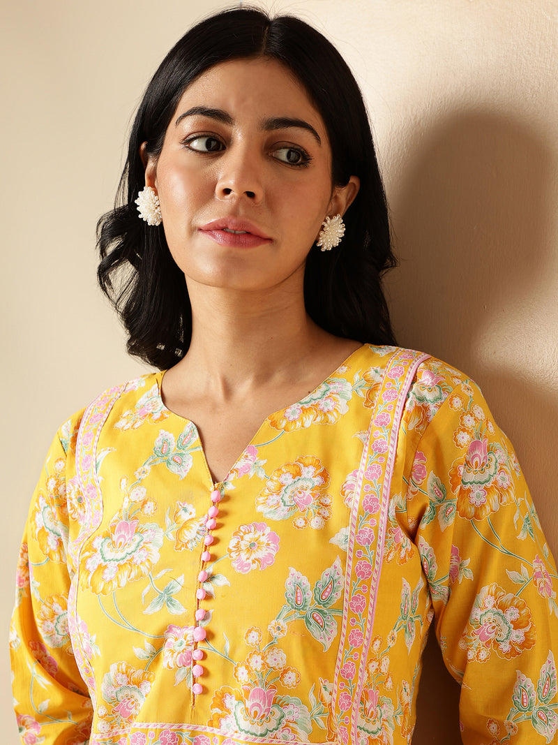 Yellow Floral Print With Lace Work Straight Cotton Kurta