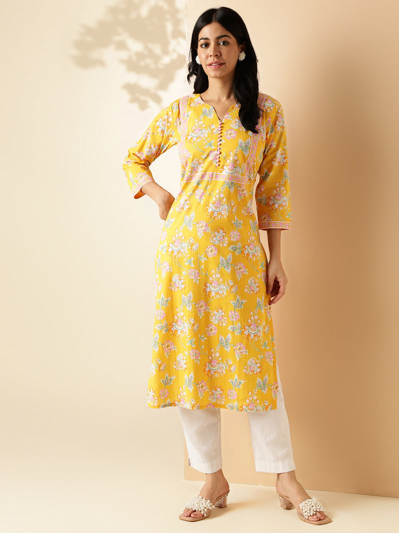 Yellow Floral Print With Lace Work Straight Cotton Kurta